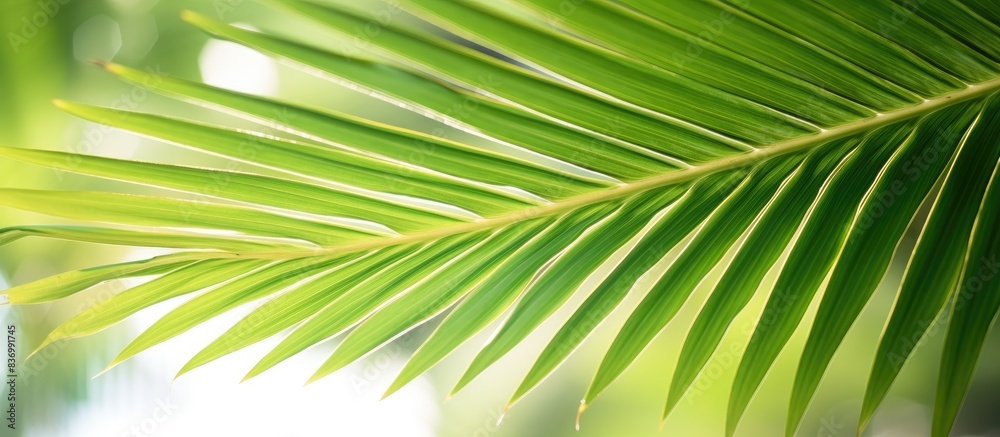 Obraz premium Beautiful green foliage texture Closeup of palm leaf on natural sunny background artistic nature closeup Tropical garden idyllic summer nature background Backlight exotic natural pattern