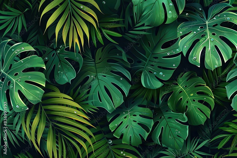 Lush green tropical leaves with water droplets, creating a refreshing and vibrant natural background perfect for summer and nature themes. Lush green tropical leaves with water droplets, creating a refreshing and vibrant natural background perfect for summer and nature themes.