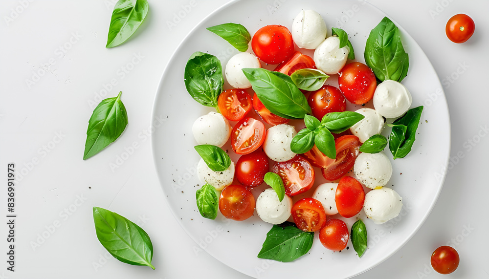 Plate of tasty salad Caprese with tomatoes, mozzarella balls and basil isolated on white, top view Plate of tasty salad Caprese with tomatoes, mozzarella balls and basil isolated on white, top view