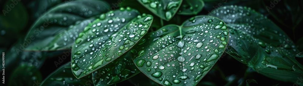 Close-up of green leaves covered with water droplets. The image captures the essence of freshness and natural beauty in a serene setting. Close-up of green leaves covered with water droplets. The image captures the essence of freshness and natural beauty in a serene setting.