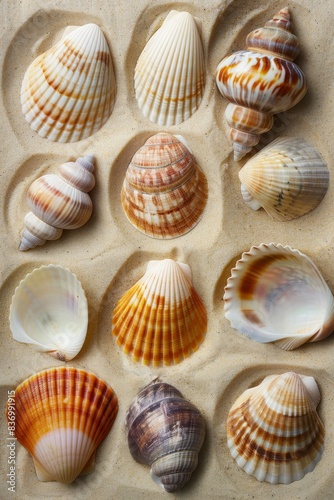 Exquisite Rare Seashell Collection Macro Display on Sandy Beach Background - Ideal for Marine Biology Enthusiasts