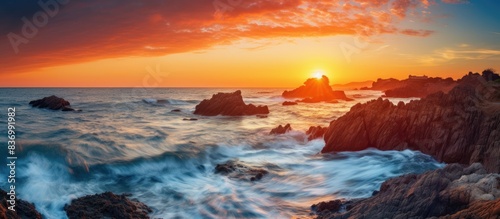Beautiful scenery at a beach during sunset or sunrise. Creative banner. Copyspace image