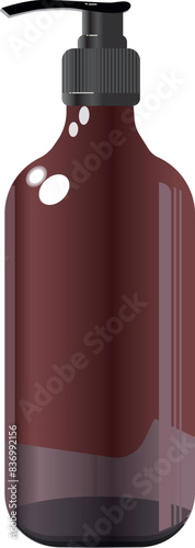 Blank brown glass bottle mockup with pump isolated on white background. Dark amber glass package. Realistic shampoo or soap dispenser. 