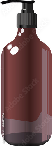 Blank brown glass bottle mockup with pump isolated on white background. Dark amber glass package. Realistic shampoo or soap dispenser. 