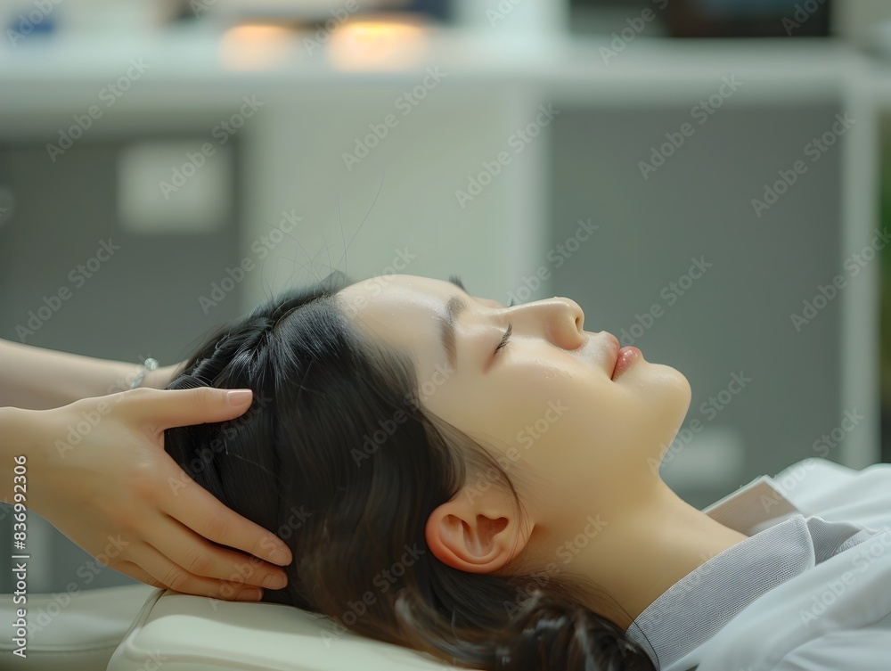 Fototapeta premium Attractive Asian Woman Getting Head Massage on Massage Table in Peaceful Environment