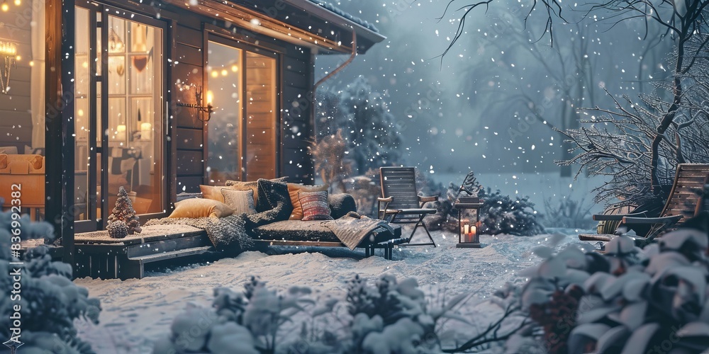 A cozy winter scene with a house and a patio