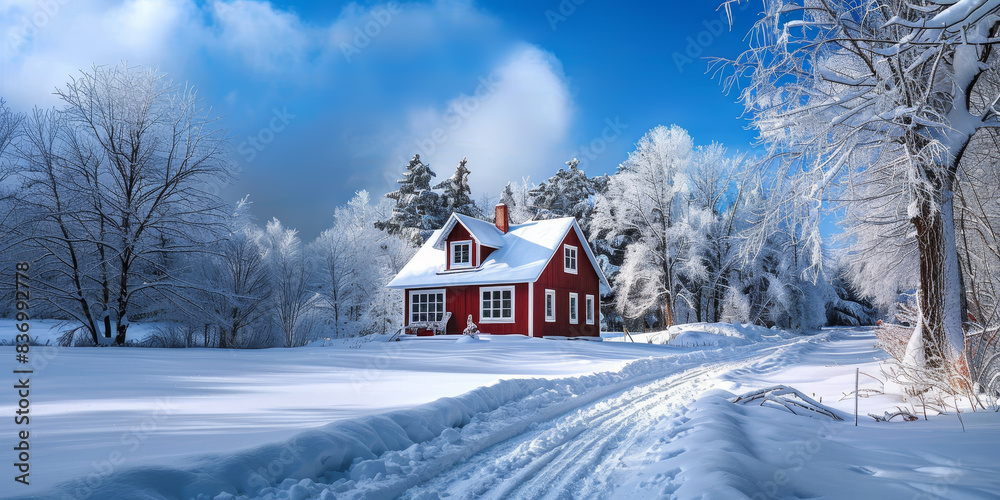 Fototapeta premium A red house sits in a snowy field