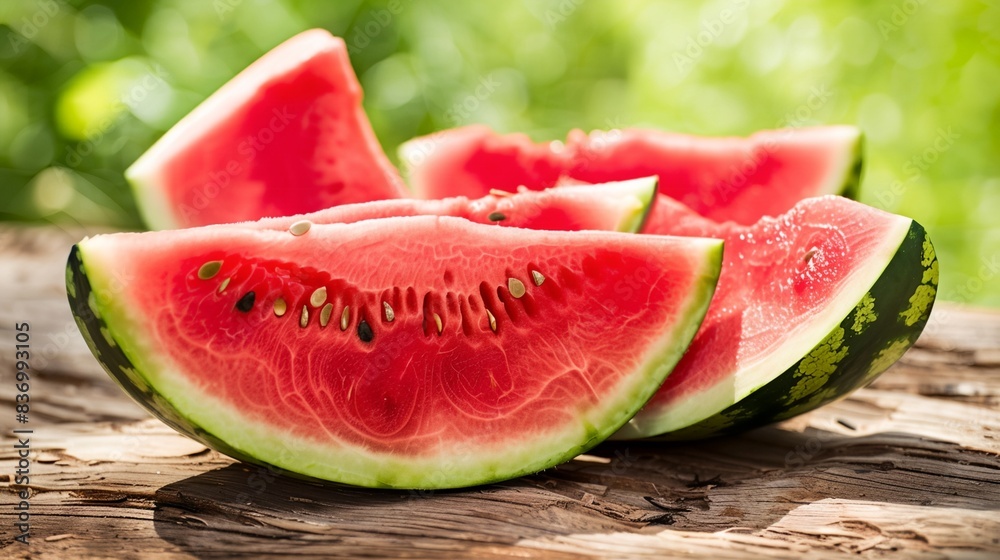 a slice of watermelon is on a piece of wood with a green background a slice of watermelon is on a piece of wood with a green background