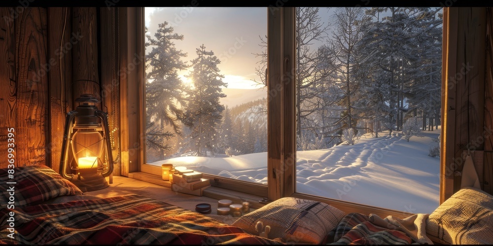Fototapeta premium A cozy cabin with a window overlooking a snowy landscape