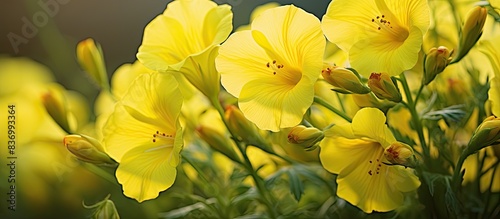 Yellow flowers of Evening primrose or Oenothera erythrosepala. Creative banner. Copyspace image photo