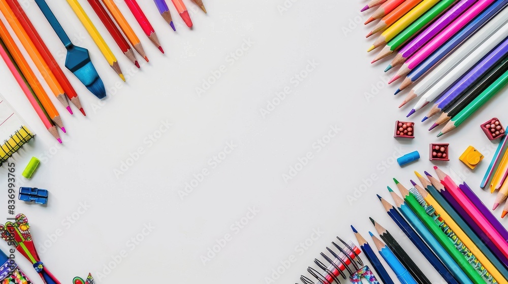 Fototapeta premium Colored pencils and notebooks on white table, school supplies, banner