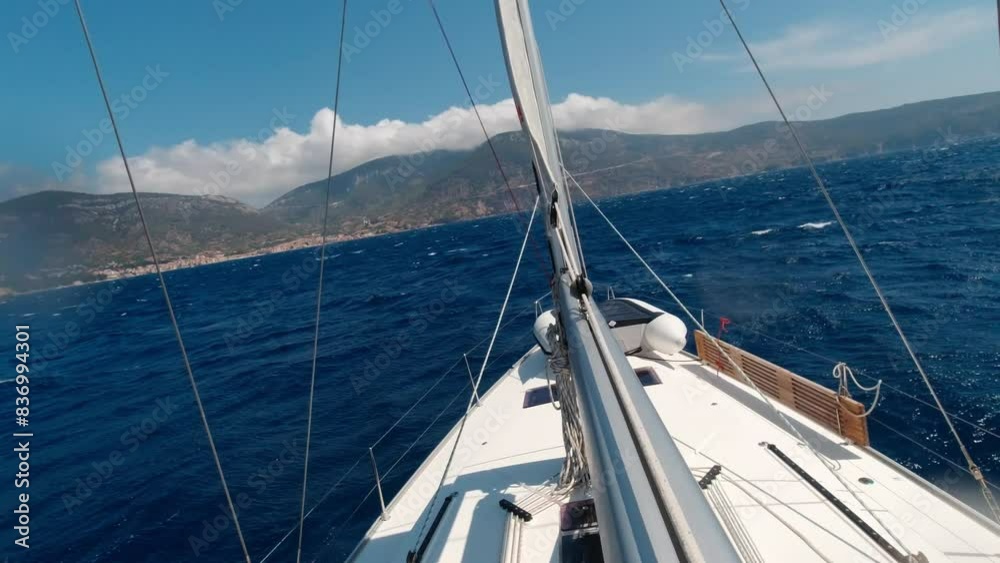 Enjoying a nautical adventure on a sailboat during a sunny summer day. Concept of vacation and summer holidays Enjoying a nautical adventure on a sailboat during a sunny summer day. Concept of vacation and summer holidays