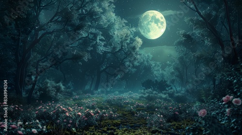 Enchanting Moonlit Forest with Blooming Flowers and Glowing Full Moon at Night