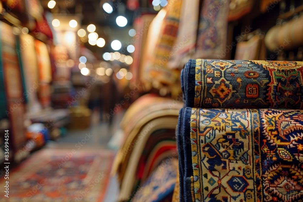 Luxurious turkish carpets with embroidery, traditional handmade rugs on blurred background Luxurious turkish carpets with embroidery, traditional handmade rugs on blurred background