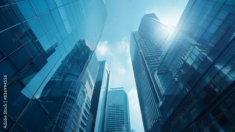 a view of a group of tall buildings from the ground up high in the sky a view of a group of tall buildings from the ground up high in the sky