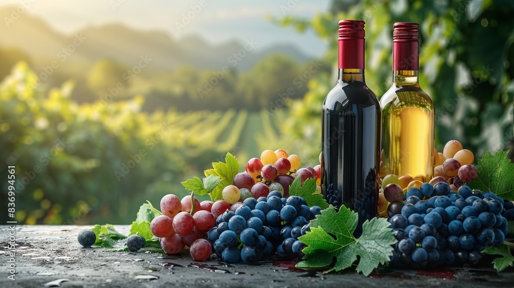 Fototapeta premium Bottles of red and white wine with fresh grape on vineyard background 