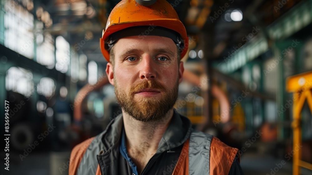 a man wearing a hard hat and safety vest in a factory with machinery in the background a man wearing a hard hat and safety vest in a factory with machinery in the background
