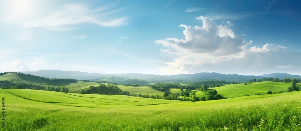 Fototapeta premium Grass on the field during sunrise Agricultural landscape in the summer time. Creative banner. Copyspace image