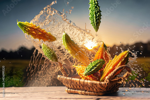 bitter melon in a basket, fruits on a wooden table, coutryside background