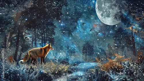 Mystical Fox in Enchanted Moonlit Forest with Sparkling Starry Sky and Snowfall