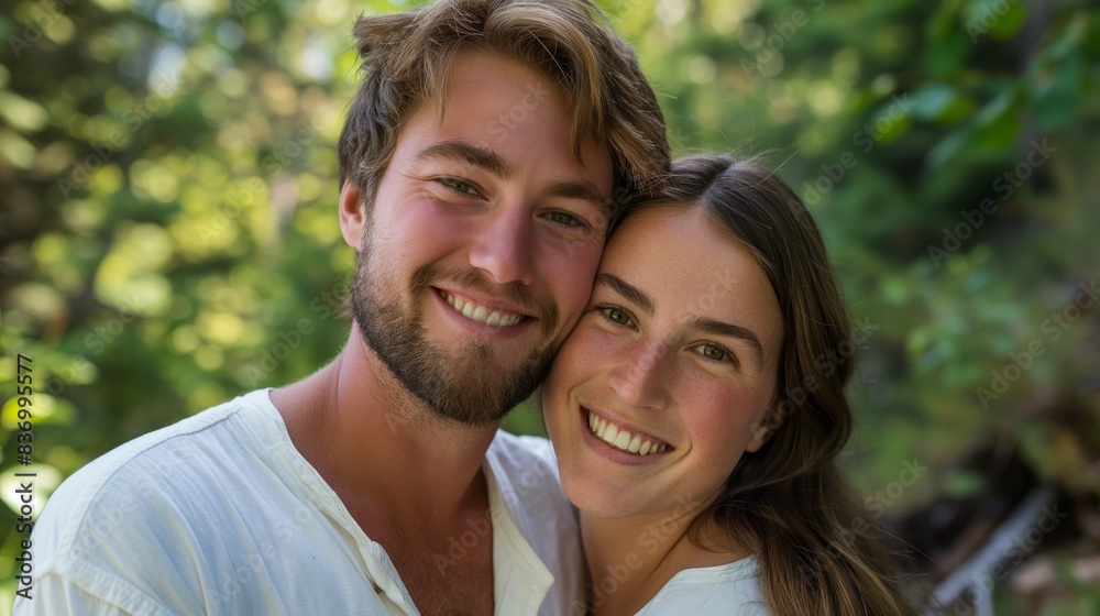 Smiling couple in a sunny outdoor setting symbolizing love and happiness Smiling couple in a sunny outdoor setting symbolizing love and happiness