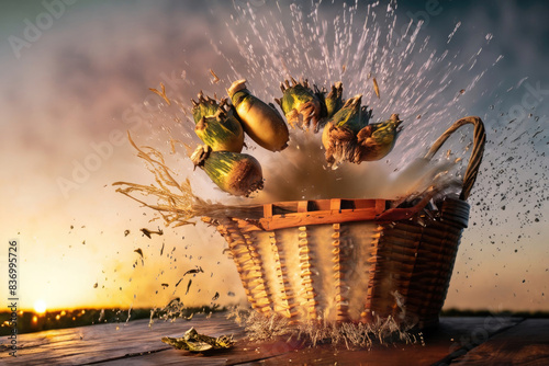 cardon in a basket, vegetable on a wooden table, coutryside background