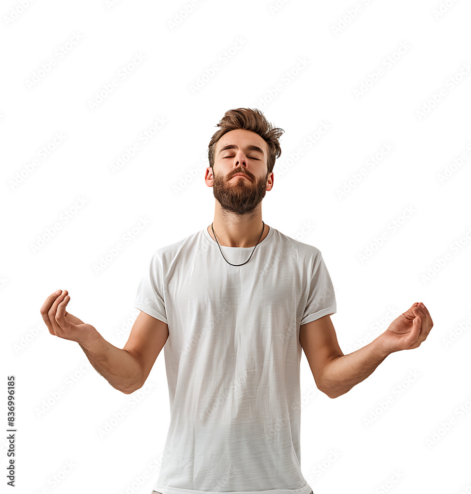Naklejka premium Yoga and meditation concept. Concentrated relaxed man standing meditation on isolated transparent background