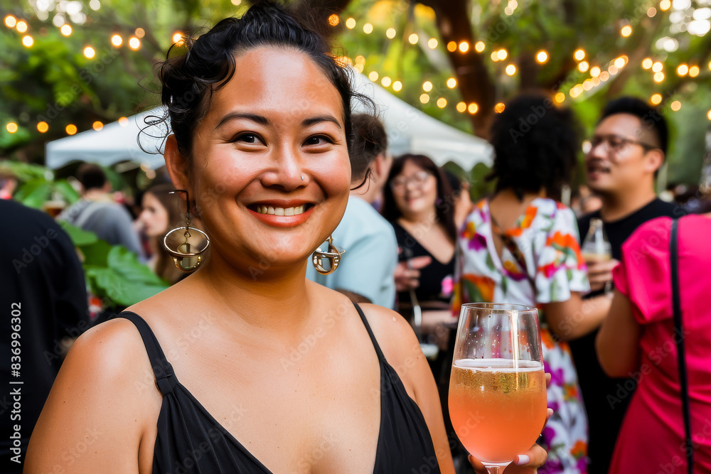 A cheerful woman at an outdoor party holding a drink, surrounded by friends and festive lights, enjoying a lively social gathering.