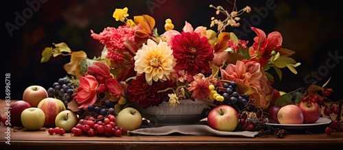 Bunch of flowers on the holiday table. Creative banner. Copyspace image