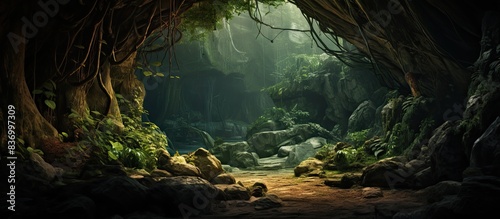 A small cave in the woods. Creative banner. Copyspace image