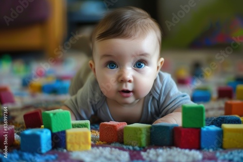 Adorable baby lies on a carpet, gazing with big, curious eyes among vibrant toy blocks