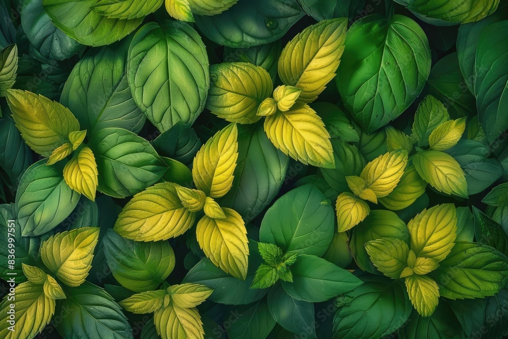 Lush green and yellow leaves create a vibrant and fresh natural background, perfect for nature-themed designs and projects. Lush green and yellow leaves create a vibrant and fresh natural background, perfect for nature-themed designs and projects.