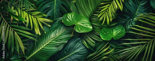 Wallpaper Mural Lush tropical green leaves, creating a vibrant and natural background, ideal for nature and environment-themed projects and designs. Torontodigital.ca