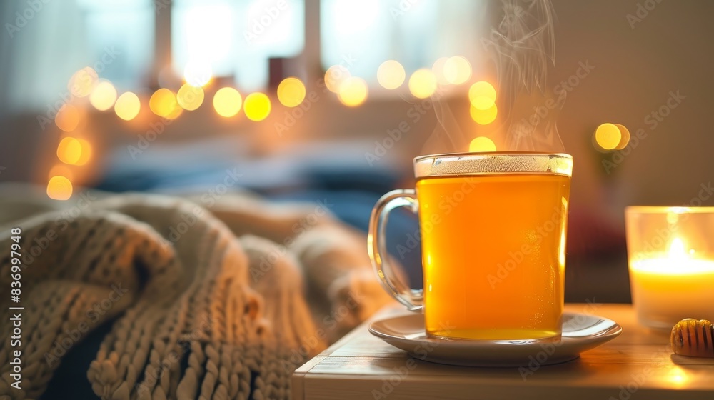 Obraz premium A steaming mug of herbal tea with honey, on a bedside table with a cozy bedroom generated by AI