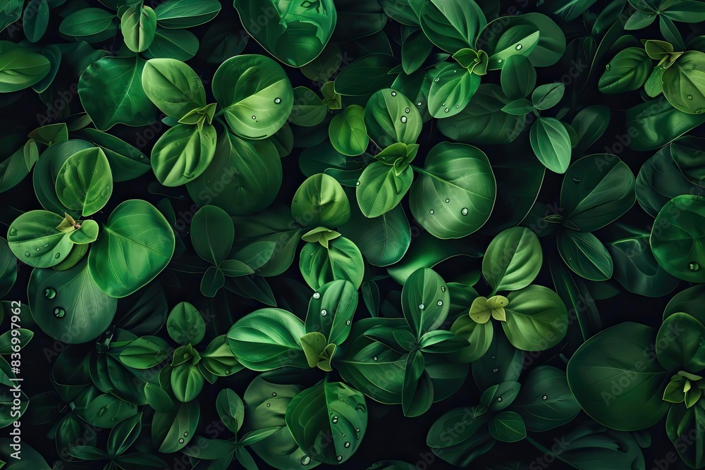 Lush green plant leaves forming a dense foliage background with droplets of water, showcasing the beauty of nature in a close-up shot. Lush green plant leaves forming a dense foliage background with droplets of water, showcasing the beauty of nature in a close-up shot.