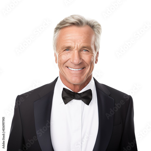 Front view mid shot of a 60-year-old handsome White man dressed in a classic black suit with a white dress shirt and a deep navy tie, smiling on a white transparent background © CrazeePixelINC