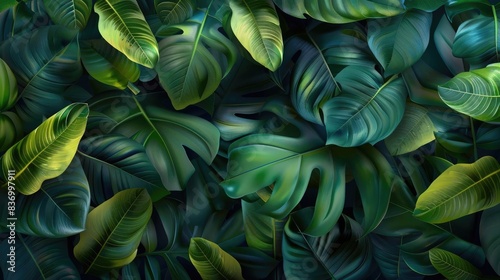 Tropical green leaves creating a lush, vibrant background. Perfect for nature, botanical, or natural themes in design projects.