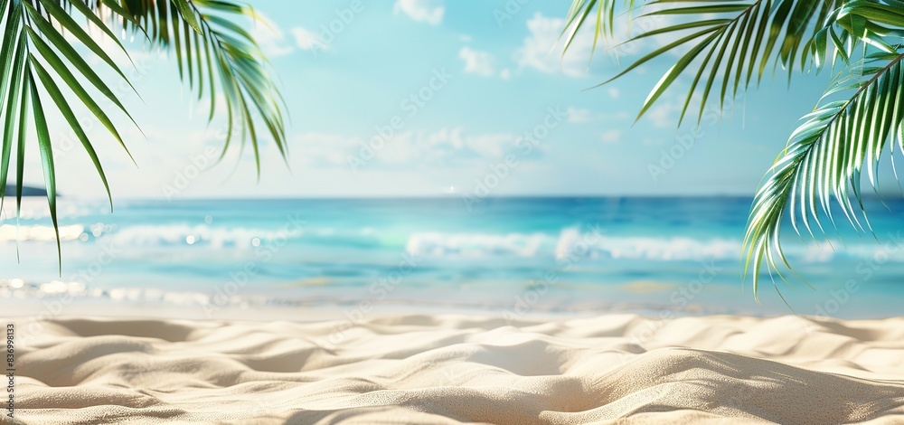 Abstract Summer Background with Golden Sand and Palm Leaves on the Beach and Blurred Sea in the Distance for Vacation Concept Banner Abstract Summer Background with Golden Sand and Palm Leaves on the Beach and Blurred Sea in the Distance for Vacation Concept Banner