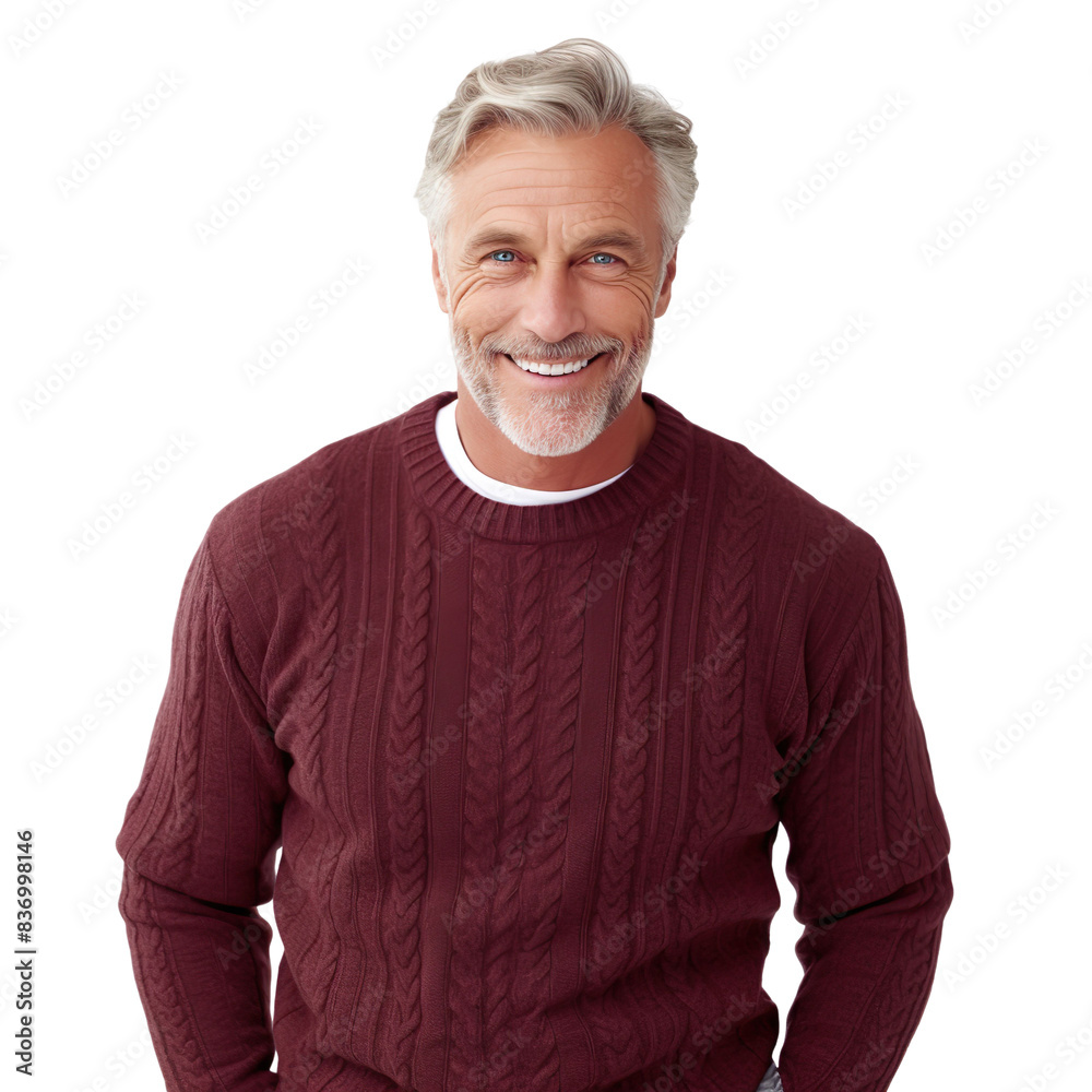 Front view mid shot of a 60-year-old handsome White man dressed in a deep burgundy sweater and dark brown corduroy pants, smiling on a white transparent background Front view mid shot of a 60-year-old handsome White man dressed in a deep burgundy sweater and dark brown corduroy pants, smiling on a white transparent background