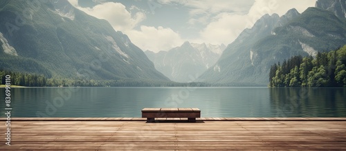 Fototapeta Naklejka Na Ścianę i Meble -  wooden platform before lake with mountain. Creative banner. Copyspace image