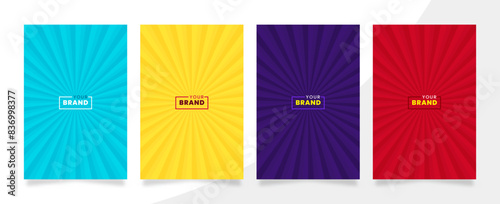 Set of Sunburst Pattern Background. Rays. Radial. Summer Banner. Vector Illustration in Blue, Yellow, Purple and Red color.