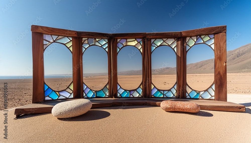 Fototapeta premium Art sculpture in the desert fantasy architecture background, AI generated