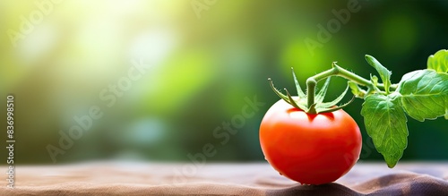 sweet tomato with leaft backgroud. Creative banner. Copyspace image photo