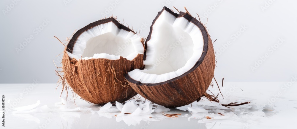 a broken coconut on white background. Creative banner. Copyspace image a broken coconut on white background. Creative banner. Copyspace image