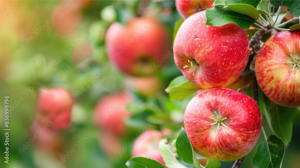 Fruit farm with apple trees. Branch with natural apples on blurred background Fruit farm with apple trees. Branch with natural apples on blurred background