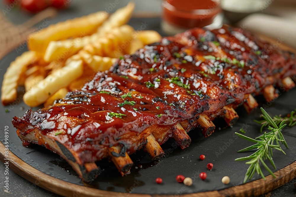 A close-up of a plate of barbecue ribs arranged with a side of crispy French fries and a small dish of tangy dipping sauce A close-up of a plate of barbecue ribs arranged with a side of crispy French fries and a small dish of tangy dipping sauce