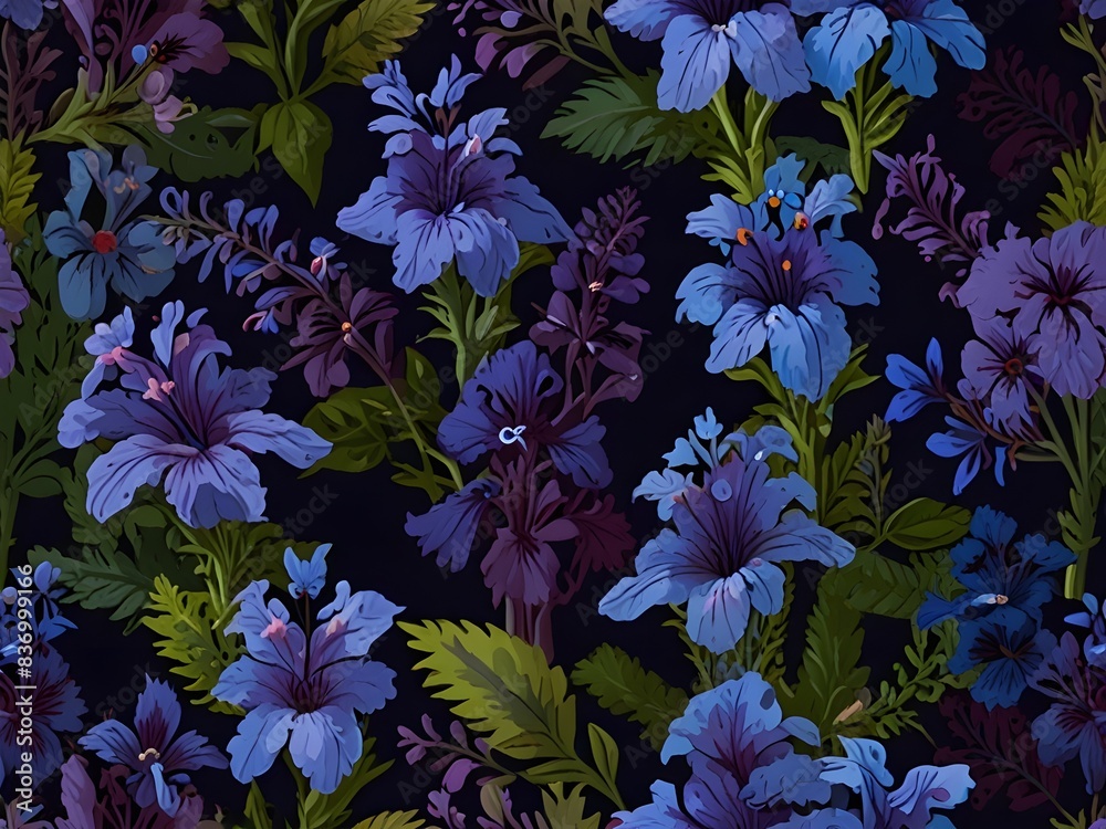 Seamless Pattern of Lobelias in Deep Blue and Purple, generative AI Seamless Pattern of Lobelias in Deep Blue and Purple, generative AI