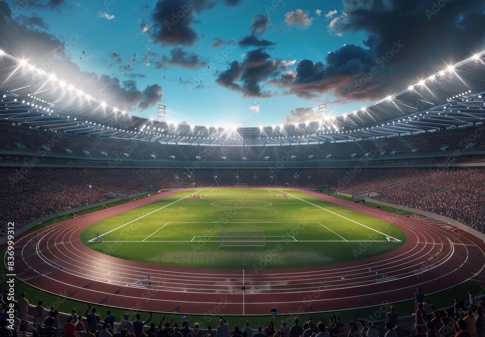 A 3D rendering of a stadium filled with spectators and workers showcasing an athletic track and field during an evening open-air game. Concept: sports, competition, live match, tournament.