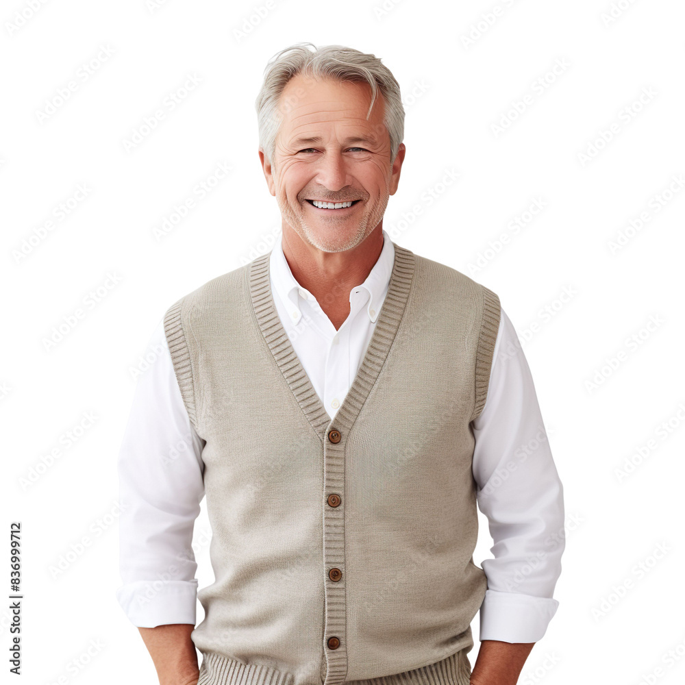 Front view mid shot of a 60-year-old handsome White man dressed in a soft gray sweater vest and khaki trousers, smiling on a white transparent background Front view mid shot of a 60-year-old handsome White man dressed in a soft gray sweater vest and khaki trousers, smiling on a white transparent background