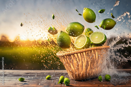 limes in a basket, fruits on the table, fresh fruit photo